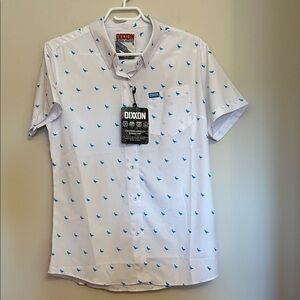 Dixxon Flannel Co white with blue ducks short sleeve polyester blouse size L NWT